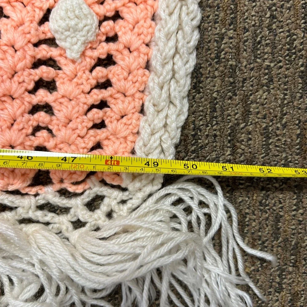 Crochet Throw Blanket 50x67 Peach Cream 3D Floral Rosette Fringe